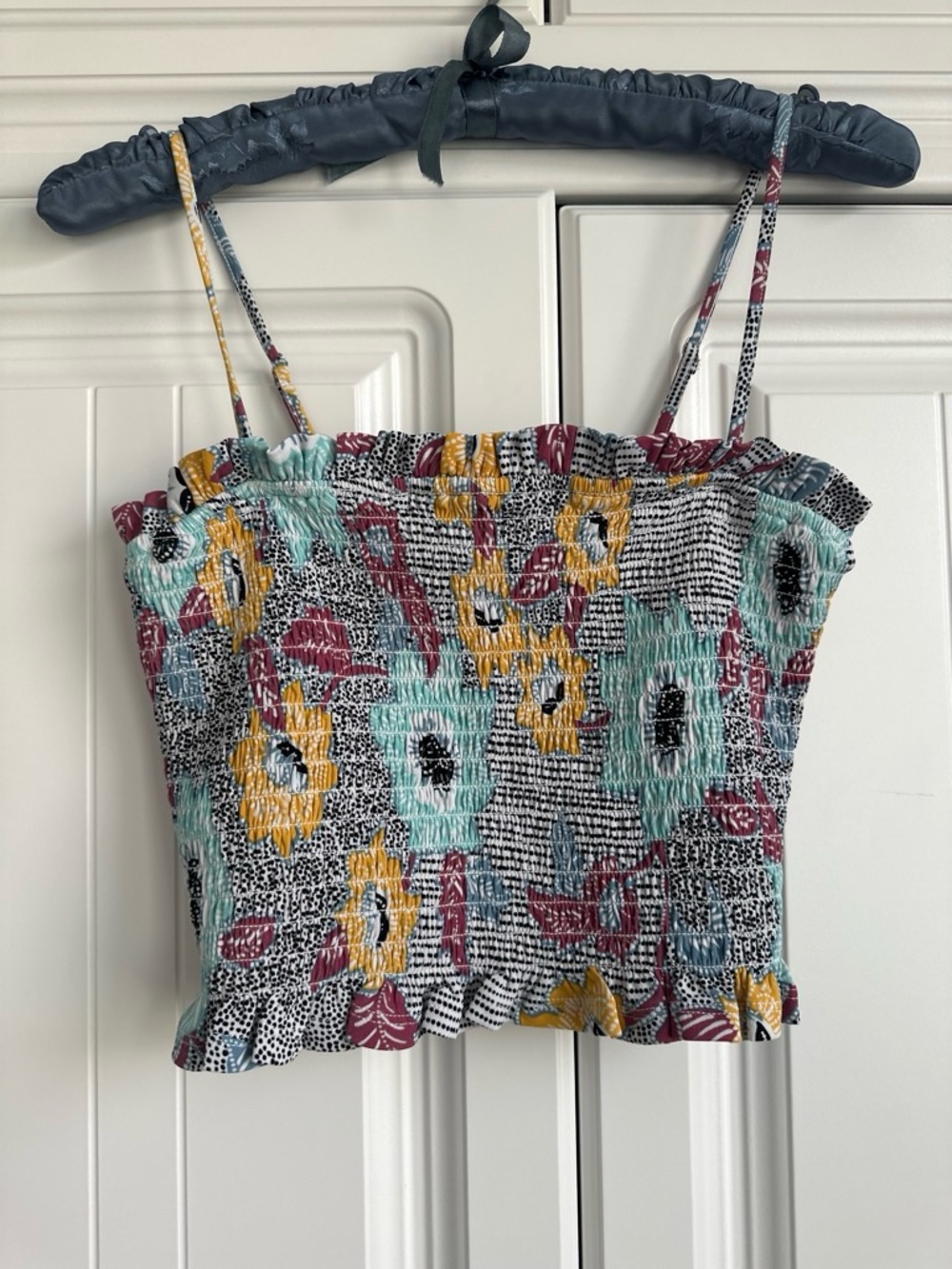 BCBGeneration Floral Smocked Crop Top - teal , Mustard, Burgundy, Black
